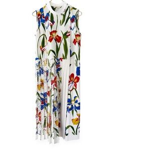 Tory Burch Floral Print Midi Dress - White, Red, Blue, Green
